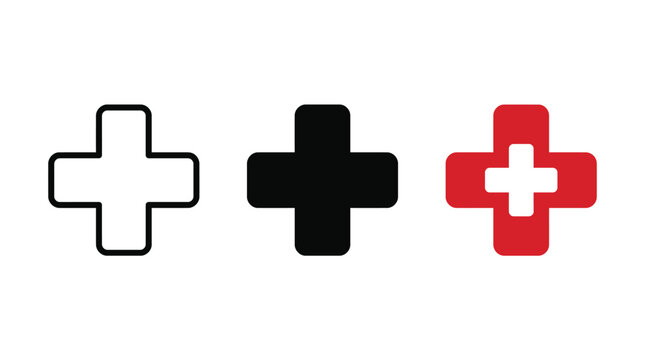 Set of three medical cross icons with different styles and colors Vector