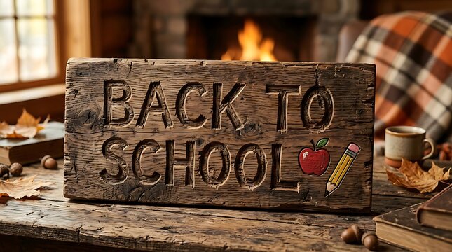 Rustic wooden sign with back to school text and apple, cozy autumn classroom decor