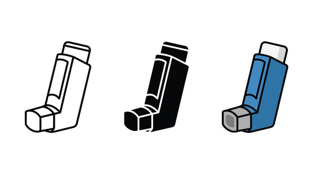 Set of medical inhaler icons for asthma treatment in flat and line art style Vector