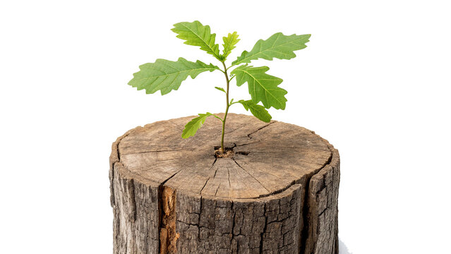 Small green oak sapling sprout growing from tree stump isolated on transparent background