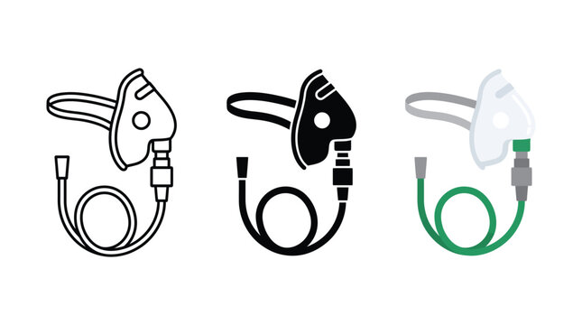 Medical oxygen mask icons set with tubes for hospital and patient breathing care Vector