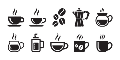 Obraz premium Coffee icon collection with steaming cups beans and moka pot isolated on transparent background.