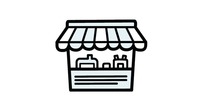 Small market stall with striped awning and display counter