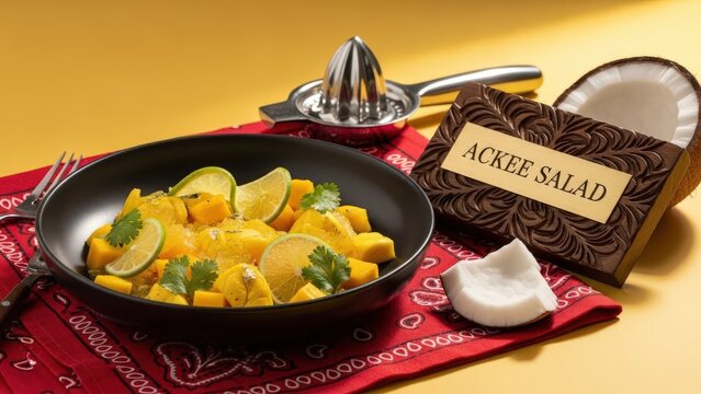 Ackee salad with mango cubes, lime gel, micro-cilantro, and edible gold, styled with a carved wooden plaque, a patterned cotton cloth, a lime squeezer and a coconut shard on an ackee-yellow background