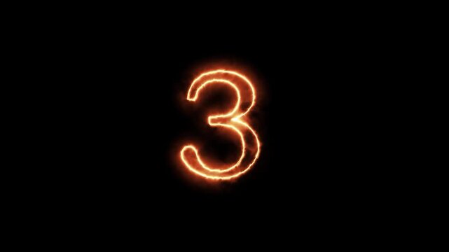 Glowing digital number three display on dark background counting sequence with video three illuminated numeric three characters glowing sequence against deep black backdrop