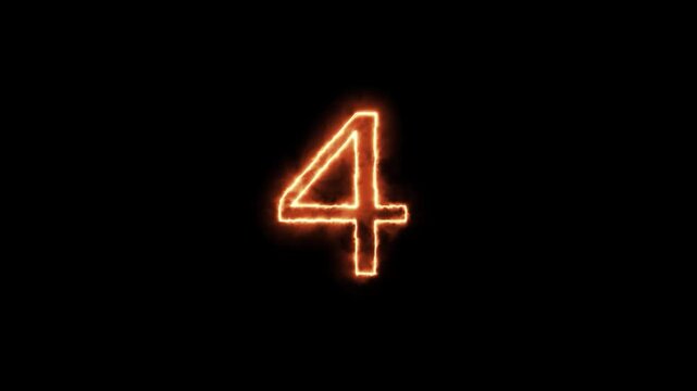 Glowing neon number four with video repeating sequence illuminated orange numbers four arranged horizontal line against deep black backdrop highlightedtext