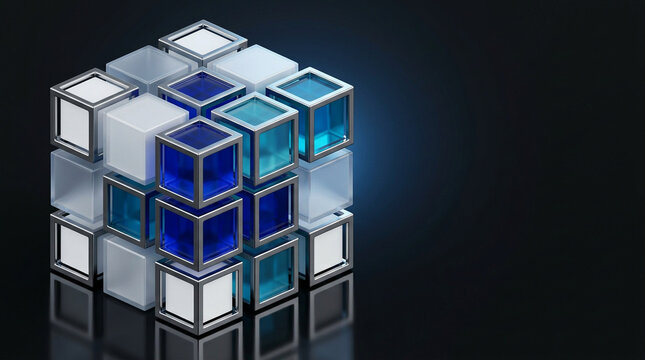 Abstract cube structure with glass blocks and metallic frames on a dark reflective background, symbolizing data storage, cloud computing, and complex digital system architecture