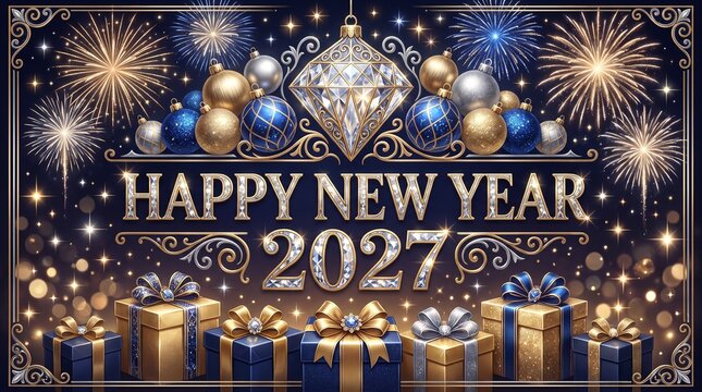 Happy New Year 2027 Celebration with Crystal Numbers, Golden Decorations and Festive Fireworks
