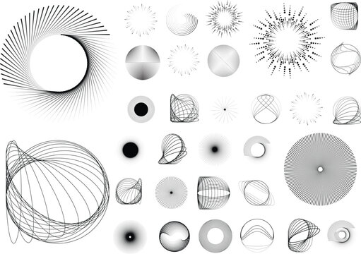 Collection of vector design elements. Set of logos with lines, stripes and circles. Various forms of line and dots design.Vector logo collection. Bundle of circle icons and elements. Set of lines art.