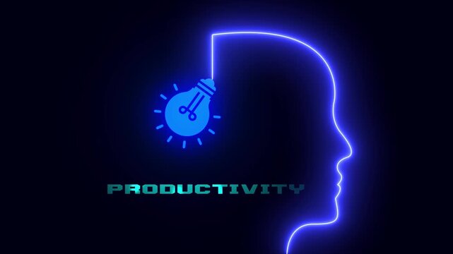 Workflow productivity and high performance concept featuring illuminated head outline with glowing idea bulb