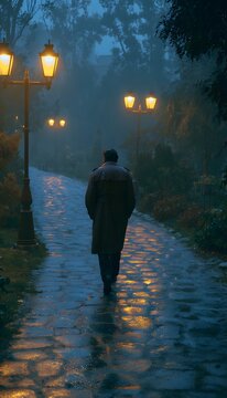 Melancholy evening stroll along cobblestone path bathed in golden lamplight and misty air