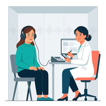 Audiologist performs hearing test on patient in soundproof booth with specialized equipment and audiogram