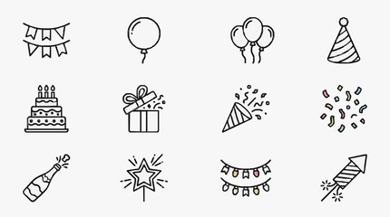 Fototapeta premium Corporate Party Decorations Set Black and White Line Art Illustrations of Balloons Party Hats Cake Gifts Confetti Fireworks and More