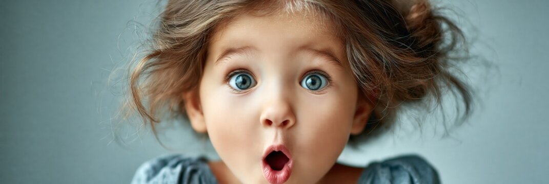 Close-up portrait of a young girl with an exaggerated surprised expression, wide eyes and open mouth, positive shock reaction