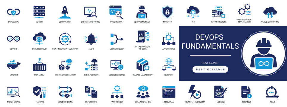 DevOps Fundamentals solid icon set featuring CI/CD, automation, cloud computing, deployment, monitoring, and infrastructure. Editable vector illustration.