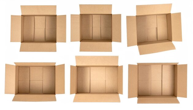 Six open cardboard boxes viewed from above, on a white background