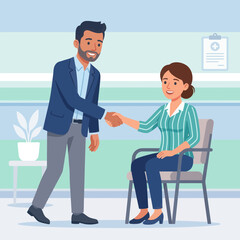 Obraz premium Diverse business professionals shaking hands in a modern office or medical setting, symbolizing agreement and partnership.