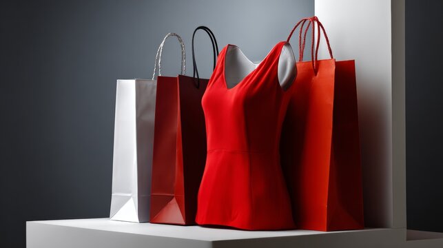 Red Fashion Dress with Luxury Shopping Bags Display