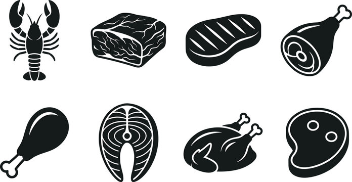 Raw meat, poultry, and fresh seafood silhouette icon set with steak, chicken, salmon, and lobster vector