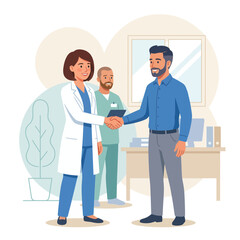 Fototapeta premium Doctor and patient shaking hands in a modern clinic, medical consultation and teamwork concept