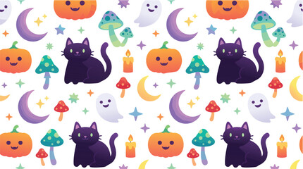 Fototapeta premium Cute Halloween Seamless Pattern with Black Cats and Pumpkins.