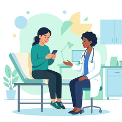 Obraz premium Doctor Consulting Patient in Clinic Room, Vector Illustration of Healthcare Interaction and Technology