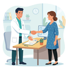 Fototapeta premium Doctor and Patient Shaking Hands in Medical Office, Healthcare Consultation, Modern Flat Design Vector Illustration