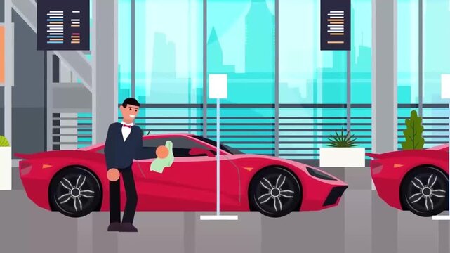 2D Animated Modern Car Showroom Interior with Red Luxury Sports Cars and Salesman Flat Vector Character Animation Footage