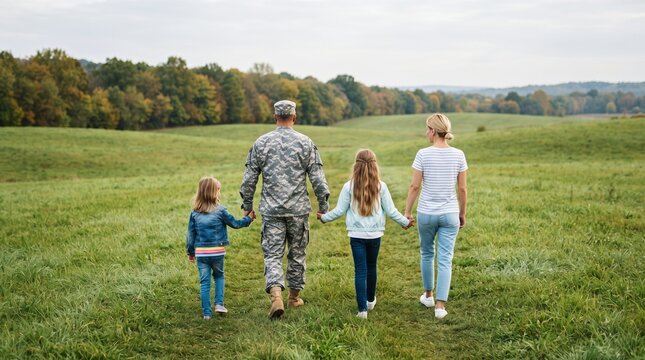 Back view soldier's family walking. Soldier at vacation. Four family members walking together holding hands.
