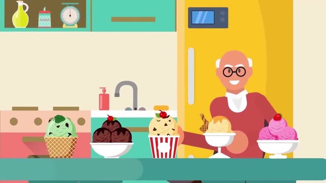 2D Animated Senior Man Sitting at Dining Table Surrounded by Ice Cream and Desserts in Kitchen Flat Vector Character Animation Footage