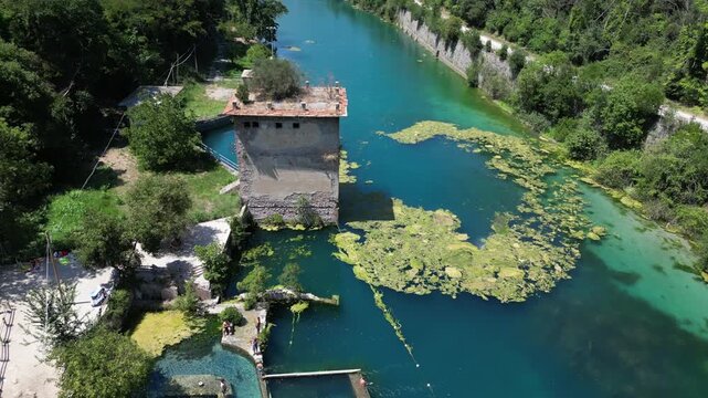 Italy, Umbria , Terni,  drone aerial view of  Nera Gorges a natural oasis close to Narni and Stifone - Mor&igrave;ca Spring and Cala del Mulino are carbonate aquifer  water at 15 degres constant temperature 