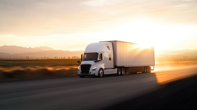 Sunset illuminates highway as truck glides smoothly through open