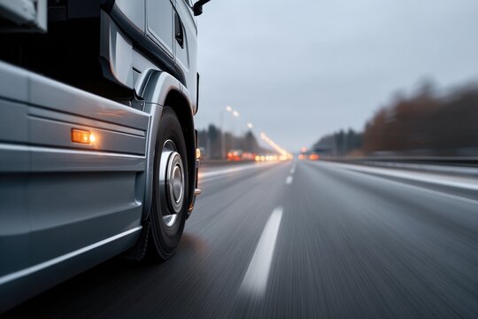 Powerful truck driving down an empty highway, showcasing motion