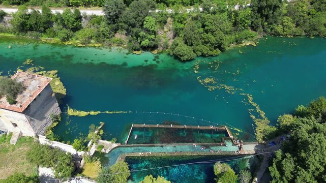 Italy, Umbria , Terni,  drone aerial view of  Nera Gorges a natural oasis close to Narni and Stifone - Mor&igrave;ca Spring and Cala del Mulino are carbonate aquifer  water at 15 degres constant temperature 