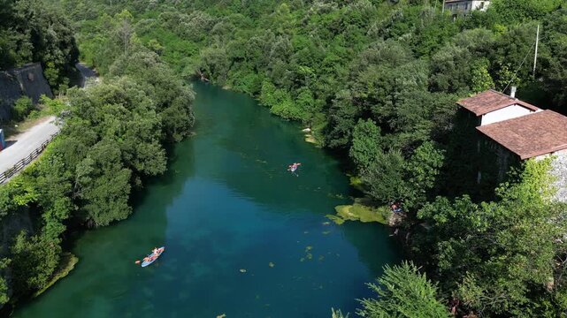 Italy, Umbria , Terni,  drone aerial view of  Nera Gorges a natural oasis close to Narni and Stifone - Mor&igrave;ca Spring and Cala del Mulino are carbonate aquifer  water at 15 degres constant temperature 