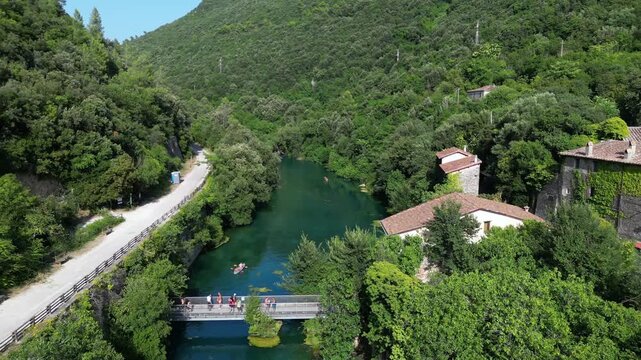 Italy, Umbria , Terni,  drone aerial view of  Nera Gorges a natural oasis close to Narni and Stifone - Mor&igrave;ca Spring and Cala del Mulino are carbonate aquifer  water at 15 degres constant temperature 