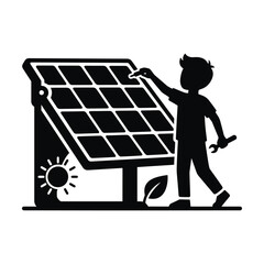 Solar panel installation technician and renewable energy silhouette vector.