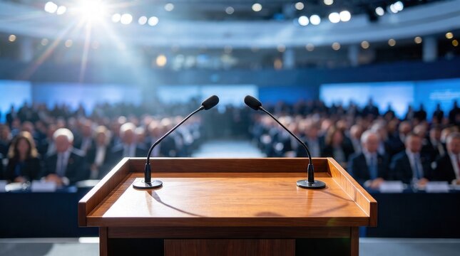 Wooden podium with microphones in a large conference hall, empty lectern on stage facing a blurred audience, professional seminar and public speaking venue