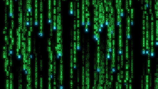 Complex digital artwork with a dense arrangement of interwoven green and blue lines and numbers on a black background, ideal for technology-focused designs and data visualization