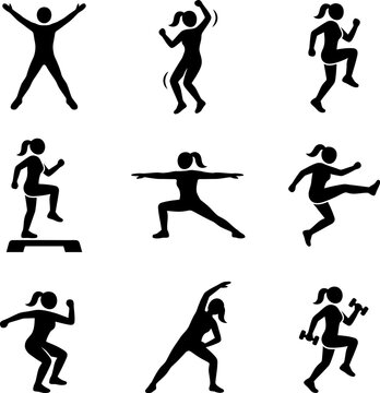 Collection of female fitness exercise pictograms showcasing various sport training activities and healthy lifestyle movements for gym routine and weight loss programs.