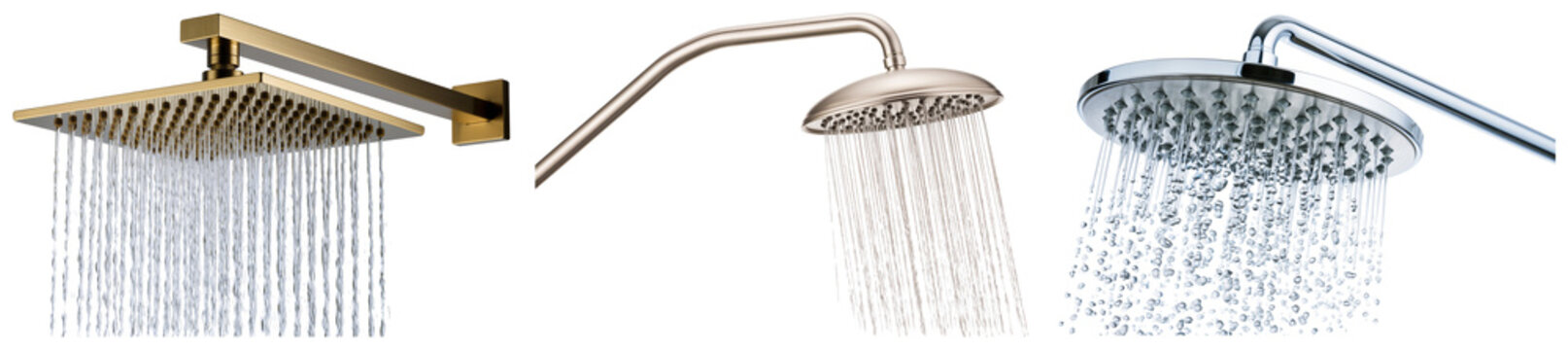 Collection of modern shower heads spraying water, featuring rain and standard designs in various metallic finishes.