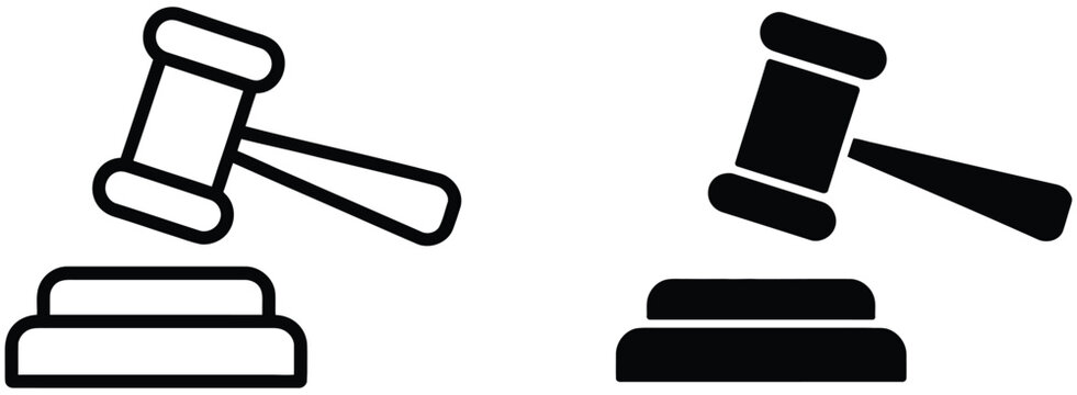 Gavel icons featuring judge gavel and auction hammer symbols for law court justice legal decisions and bidding, vector design.