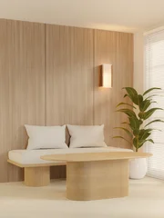 Fototapete Japandi 3D rendering of Modern Japandi lounge interior with wooden panel wall and fluted coffee table  © MeepianGraphic