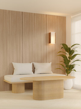 3D rendering of Modern Japandi lounge interior with wooden panel wall and fluted coffee table