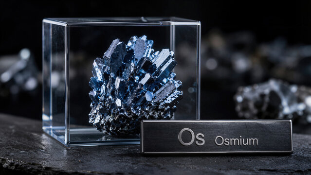 Display of osmium crystal in a clear case with a label showing its chemical symbol and name in a dark setting with other minerals present