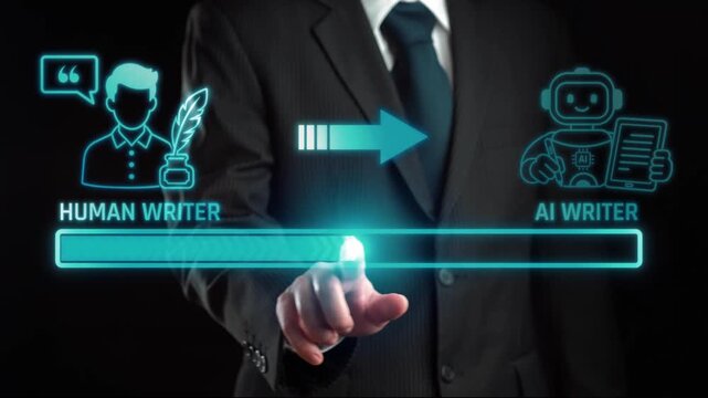 Human Writer Transitions to AI Writer with Visual Representation of Progress and Innovation in Content Creation Workflow. Liminal.