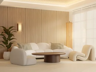 Fototapete Japandi 3D rendering of Spacious Japandi living room interior with curved sectional sofa and wooden walls  © MeepianGraphic