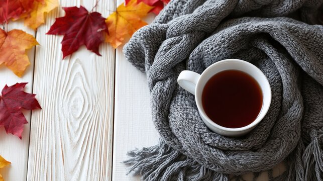 Mug of tea with scarf and fall leaves.