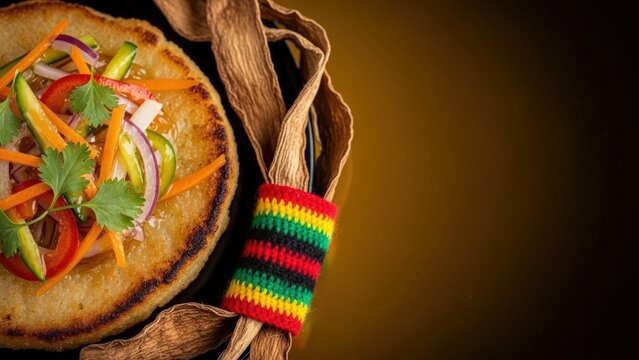 Crispy bammy disc with escovitch vegetable gel and micro-cilantro, styled with a dried cassava peel and a colorful striped knit textile on a golden-brown background with ample copy space.