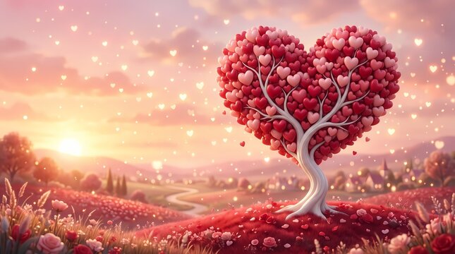 Heart Shaped Love Tree Illustration. Romantic Fantasy Landscape Background. Valentine Nature Artwork Concept. Dreamy Floral Digital Illustration
